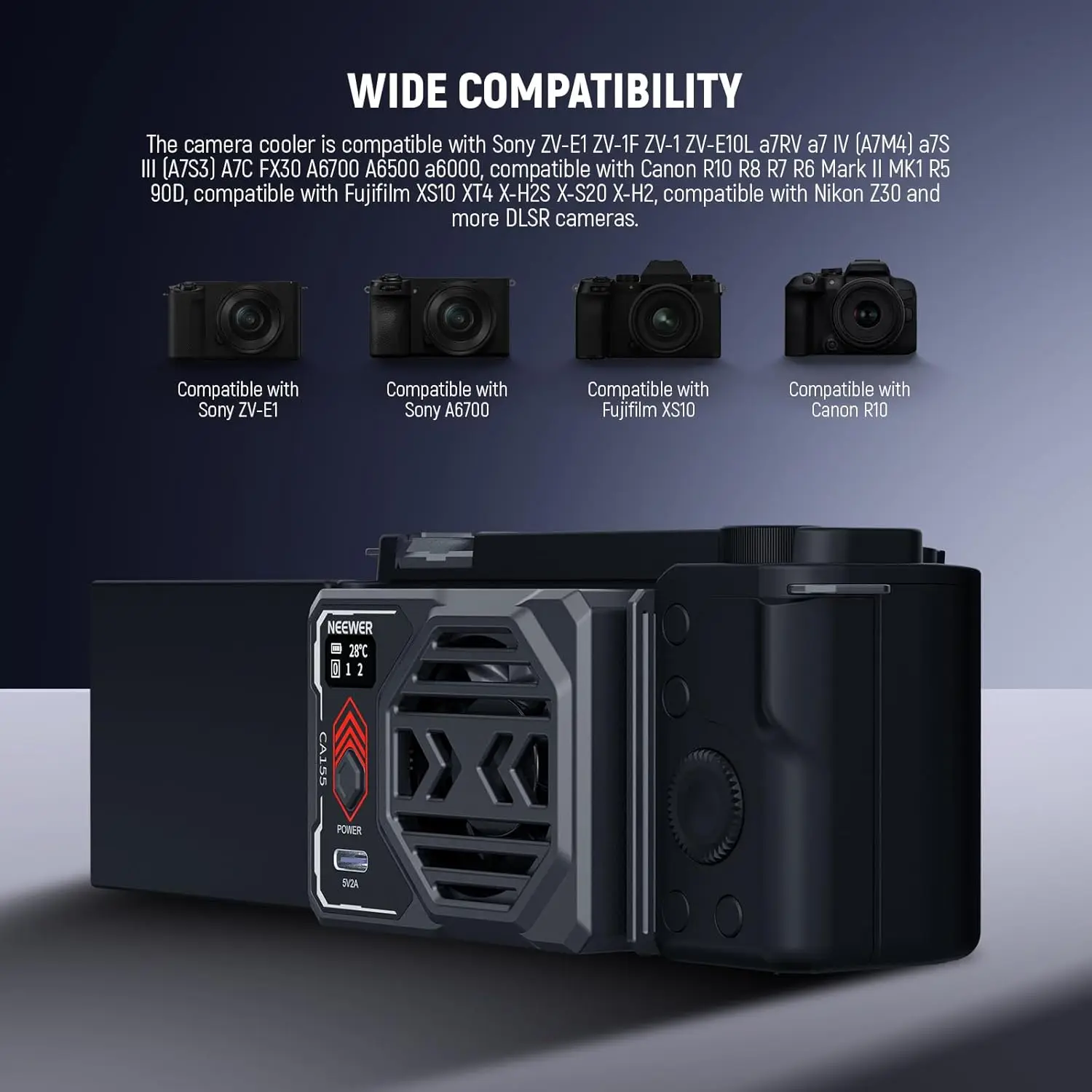 NEEWER Podstawowy Wentylator Chłodzący do Aparatu z Baterią, Zewnętrzny Chłodzik Sprężynowy do Sony ZV-E1 A6700 Canon R6 Mark II Fujifilm XS20 — zdjęcie produktu 4