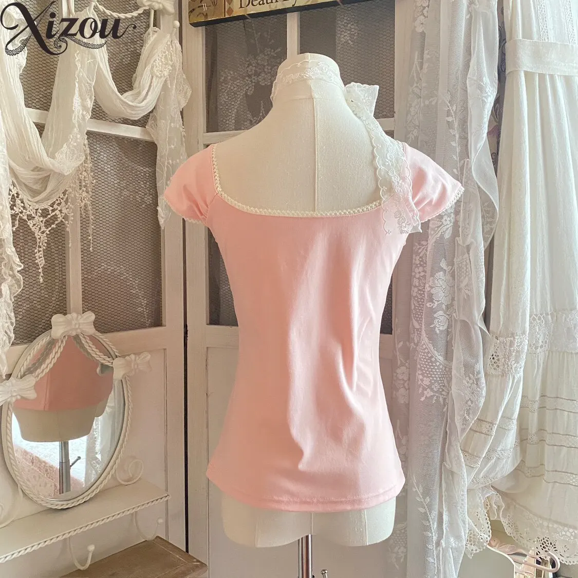 Summer Women Tops Japanese Sweet Lace Elegant Lace Pullover Girl Bubble Sleeve Tee Pink V Neck Sweet Pleated Lace Slim T-Shirt