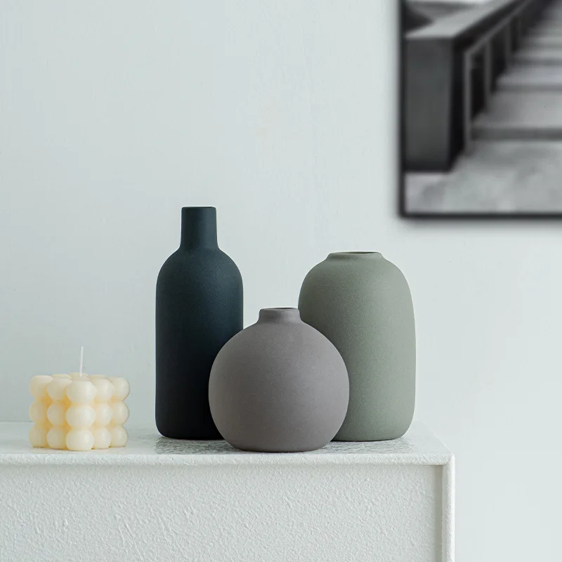 Grey Morandi Ceramic Vase Dry Flower Simulation Flower Desktop Ornament Advanced Flower Sensory Set Practical Desktop Ornaments