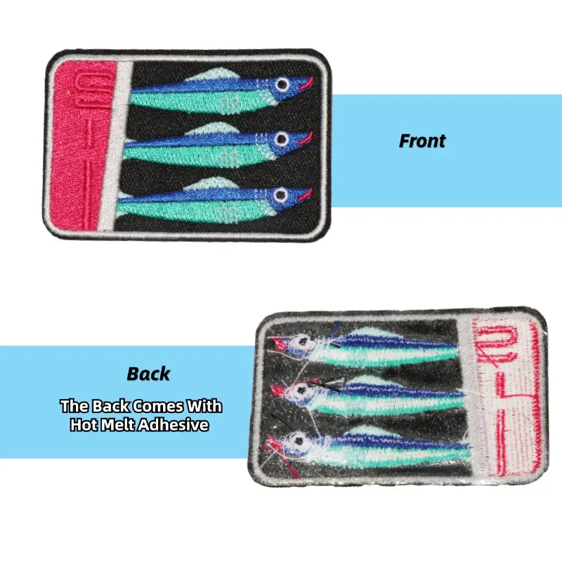 Parche bordado de estaño de sardinas, parches para coser para ropa, gorra, bolsa, chaqueta, regalo artesanal, insignia divertida con adhesivo