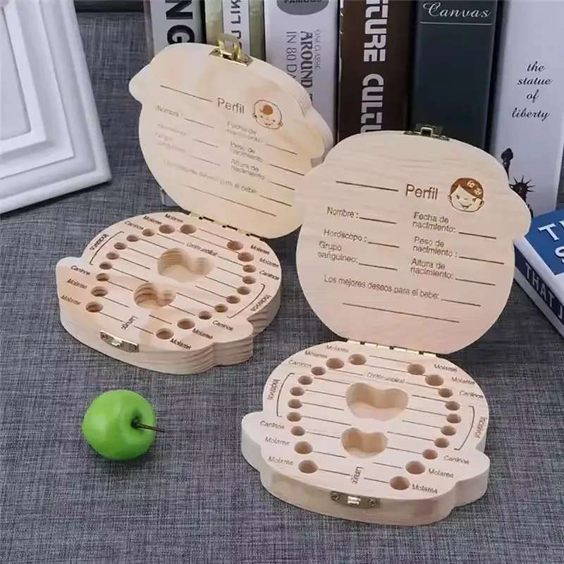 صبي فتاة الإسبانية صندوق تخزين الأسنان الخشبية الأسنان صندوق خشبي الحبل السري صندوق جمع الأسنان الرضع والأطفال صندوق تذكارية