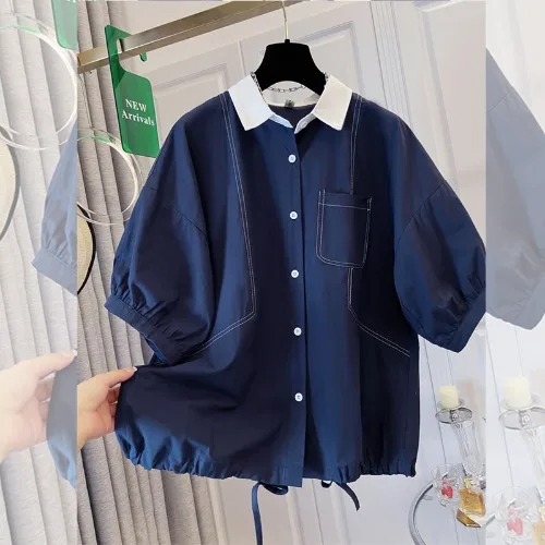 

SuperAen, женская рубашка с короткими рукавами и воротником Питера Пэна в корейском стиле, новинка лета 202, свободные повседневные хлопковые топы