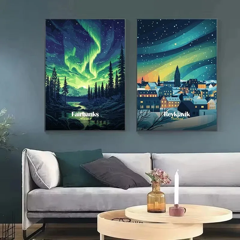 أورورا ليلة تافيل مدن أيسلندا كندا النرويج الشتاء الغابات المشهد المشارك حائط لوح رسم الفن صور ديكور المنزل
