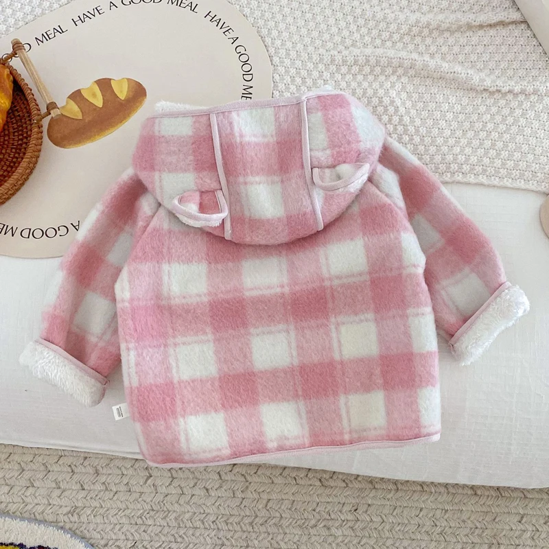 2024 Autumn Winter Baby Girls Jacket Lining Plush Thick Keep Warm Lattice Woollen Overcoat For 1-6 Years Fashion Hooded Coat