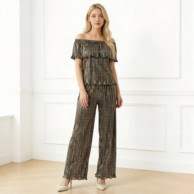 

Miyake Fold 2026 Spring/Summer New Fashion Pants Set with Hot Stamping Design and Lotus Leaf Fold Back Roll Two Piece Set Pleat