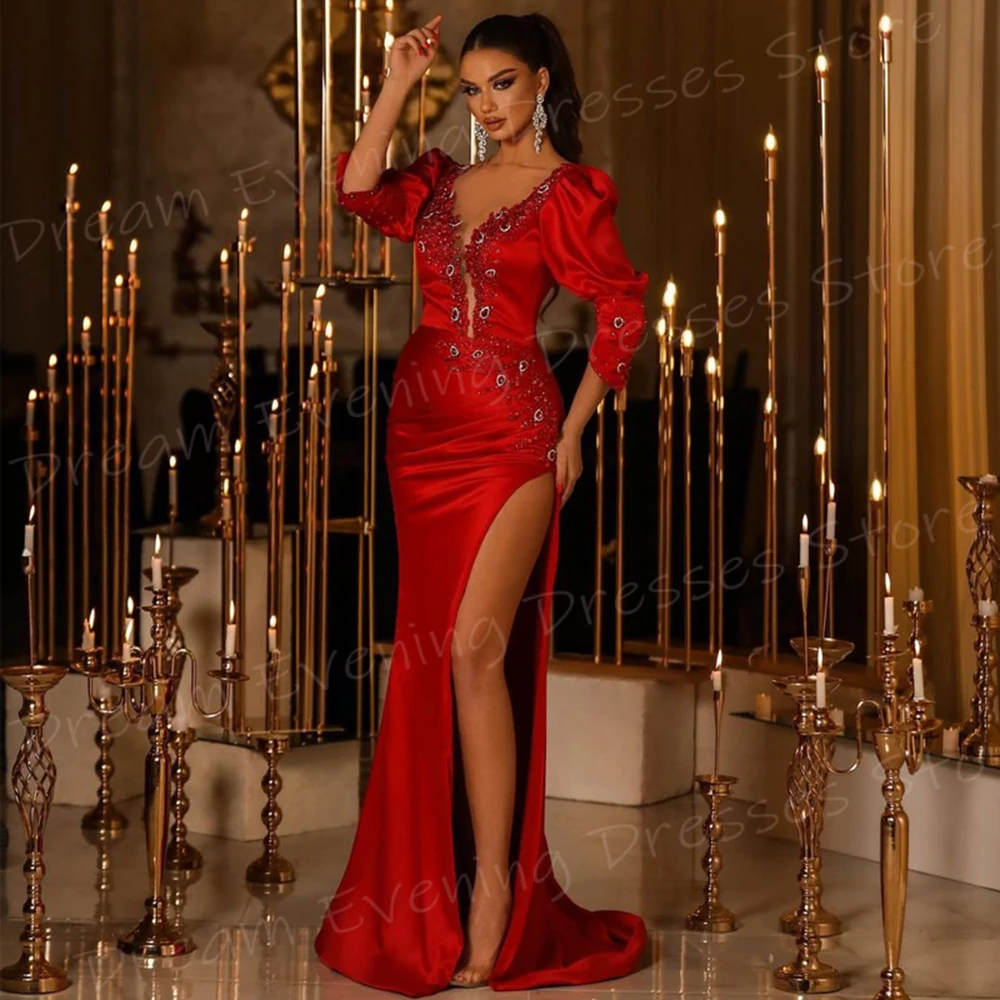 Vestidos De Noche De sirena roja para mujer, vestidos De graduación con cuentas, cuello en V, abertura lateral alta, Vestido De Noche, encantador, clásico, Popular