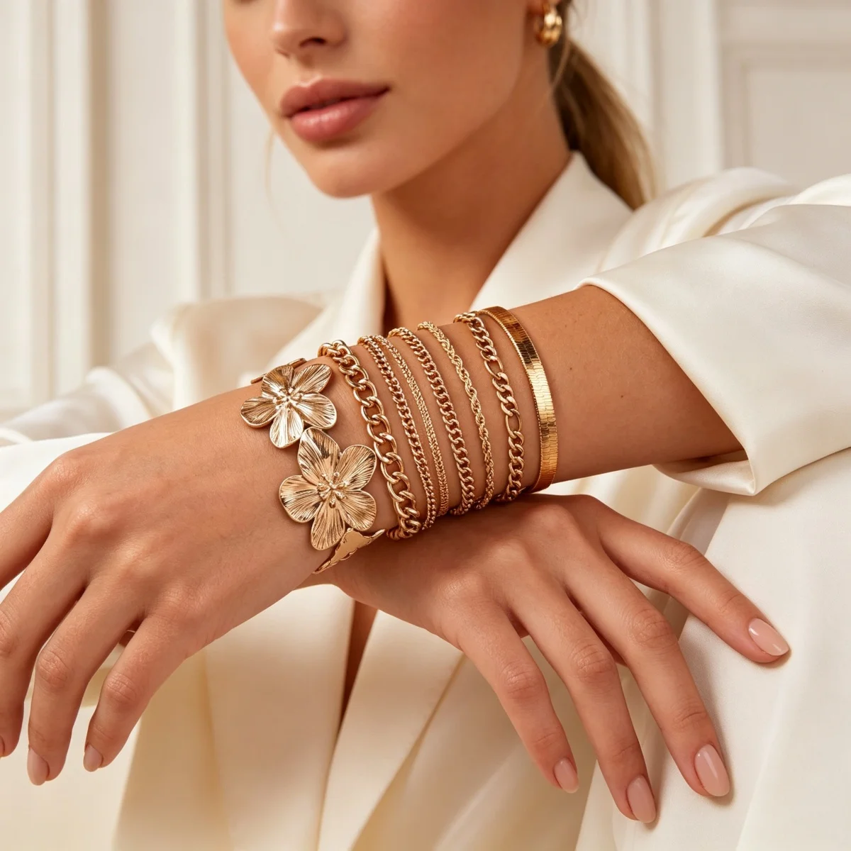 Minimalistische, strukturierte Metall-Blumen-Schlangenkette, stapelbare Armbänder für Damen und Herren, Punk-Figaro-Curb-Twist-Kettenarmreif, Party-Schmuck – Detail 12