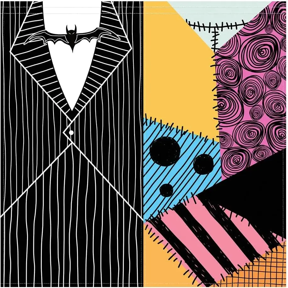 Halloween Movie Patchwork Curtain 2 Panels, Jack Sally Stripe Suit Color Sew Block Allover Print, Curtains for Gothic Curtain