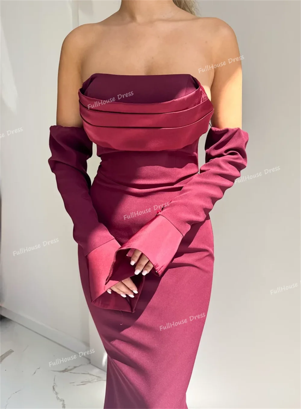 Custom Made Classic Boat Collar Pleated 3/4 Sleeve Sheath Evening Gown Lace up Back Long Party Dress with Train robes de soirée