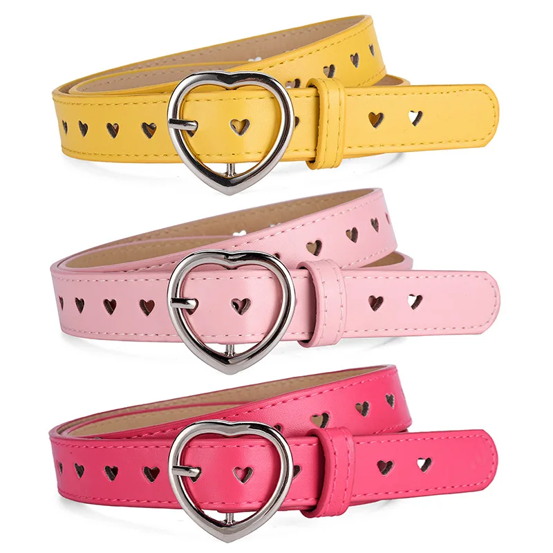 New Children Faux Leather Belt Kids Cute Peach Heart Buckle Belts For Girls Solid Waistband Love Heart Eyelet Grommet Waist Belt