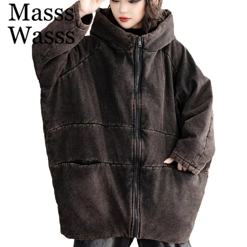 

Masss Wasss Ladies Winter Fashion Padded Hooded Denim Parkas Vintage Oversized Casual Coats Women Loose Thicken Luxury Jeackets