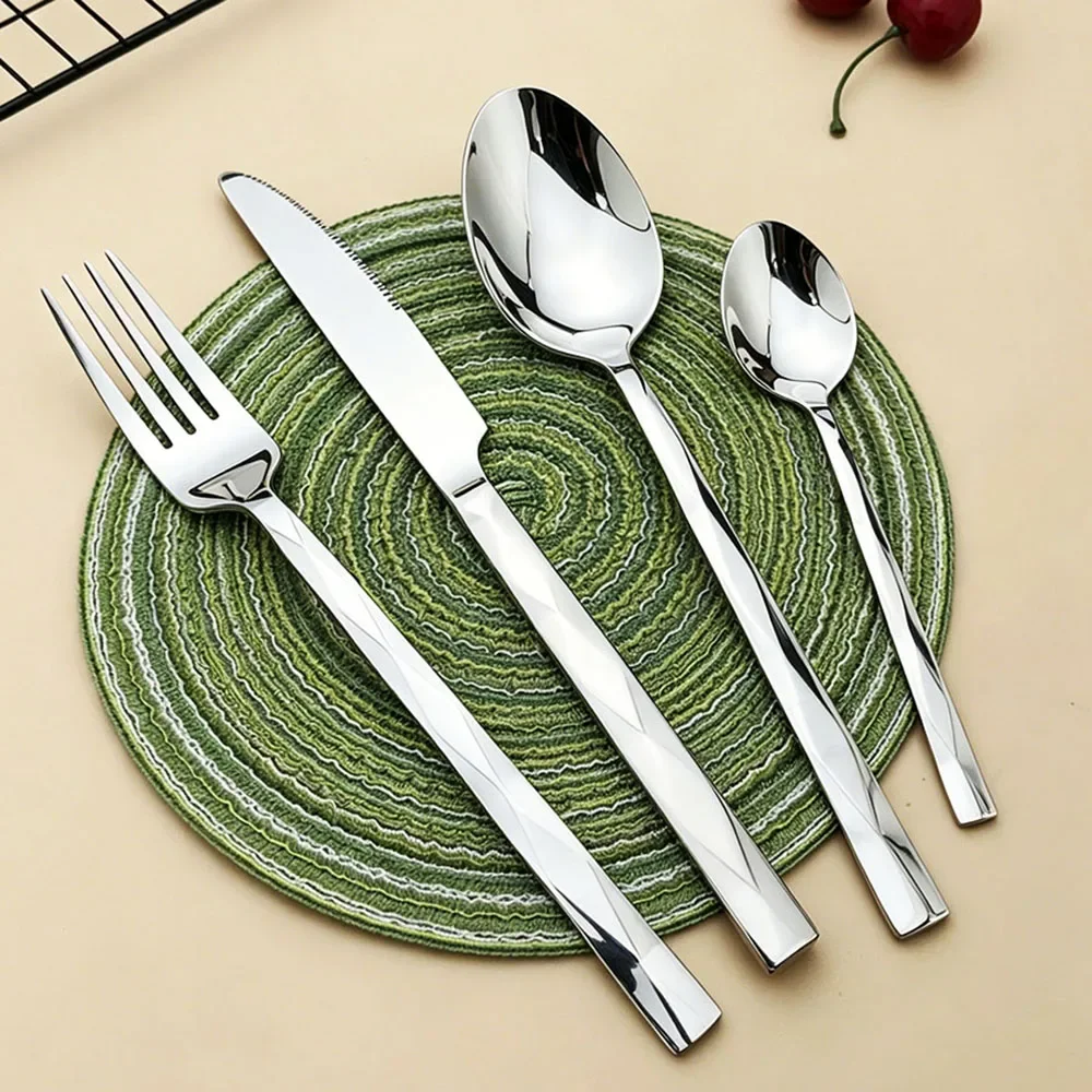 4Pcs Cutlery Set Stainless Steel Dinnerware Tableware Rhombus Handle Knife Fork Spoon Dinner Set Kitchen Home Flatware