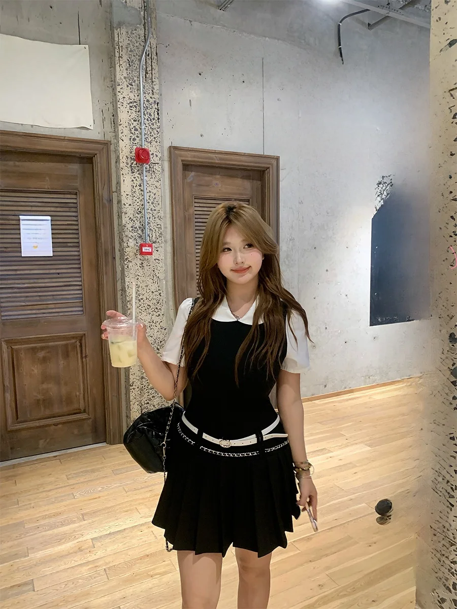 

Платье в корейском стиле, микро-плюс размер, в студенческом стиле, с коротким рукавом, плиссированное, имитация двух частей, повседневная одежда для женщин