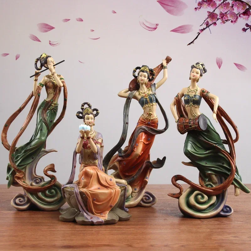 Chinese Zen Resin Dunhuang Feitian Goddess Sculpture Art Bookcase Club Ornaments Cafts Home Livingroom Desktop Statue Decoration