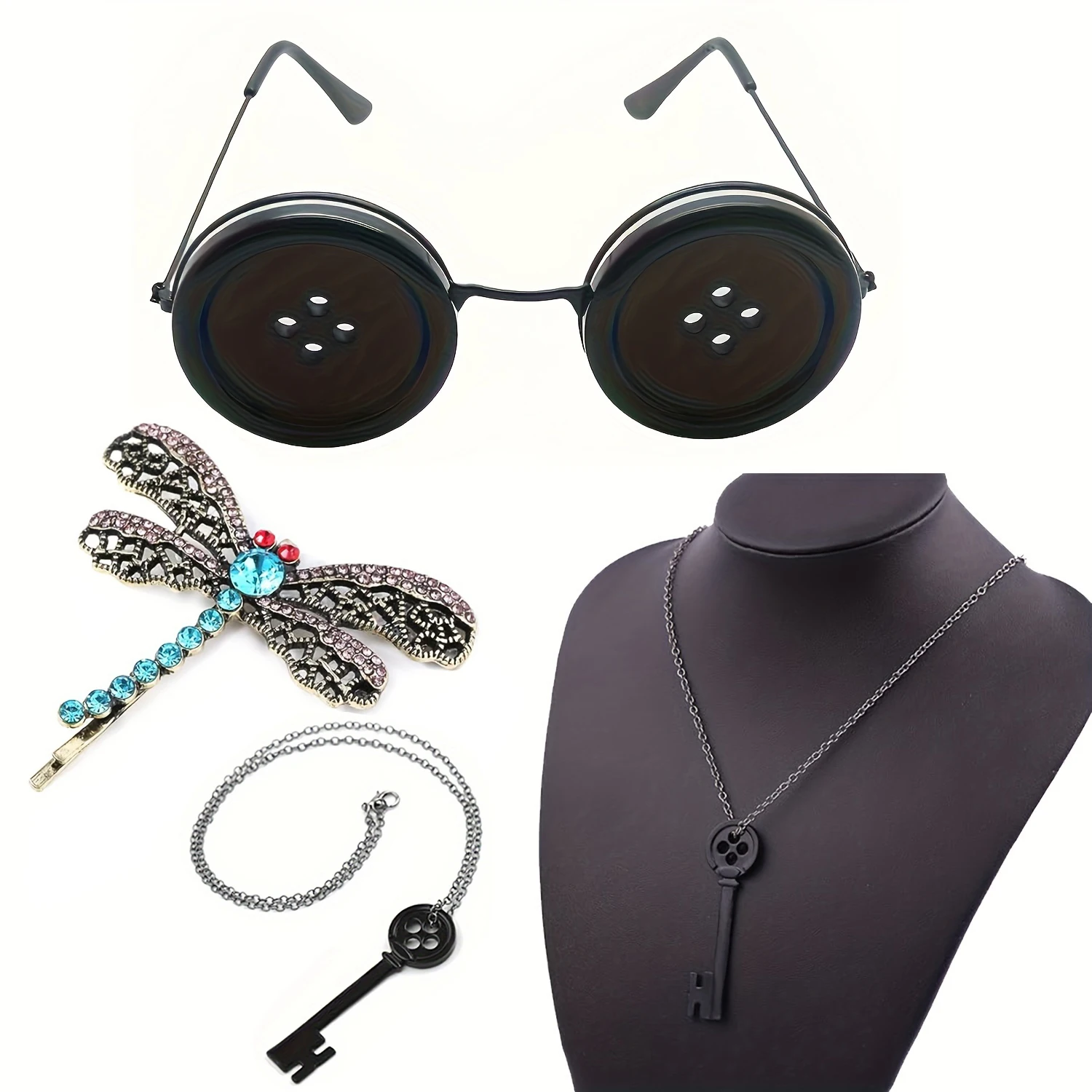 3pcs Movie Coraline Necklace Green Seeing Stone Pendant Necklace Rope Chain Black Skeleton Key Choker Dragonfly Hairpin Jewelry image 2