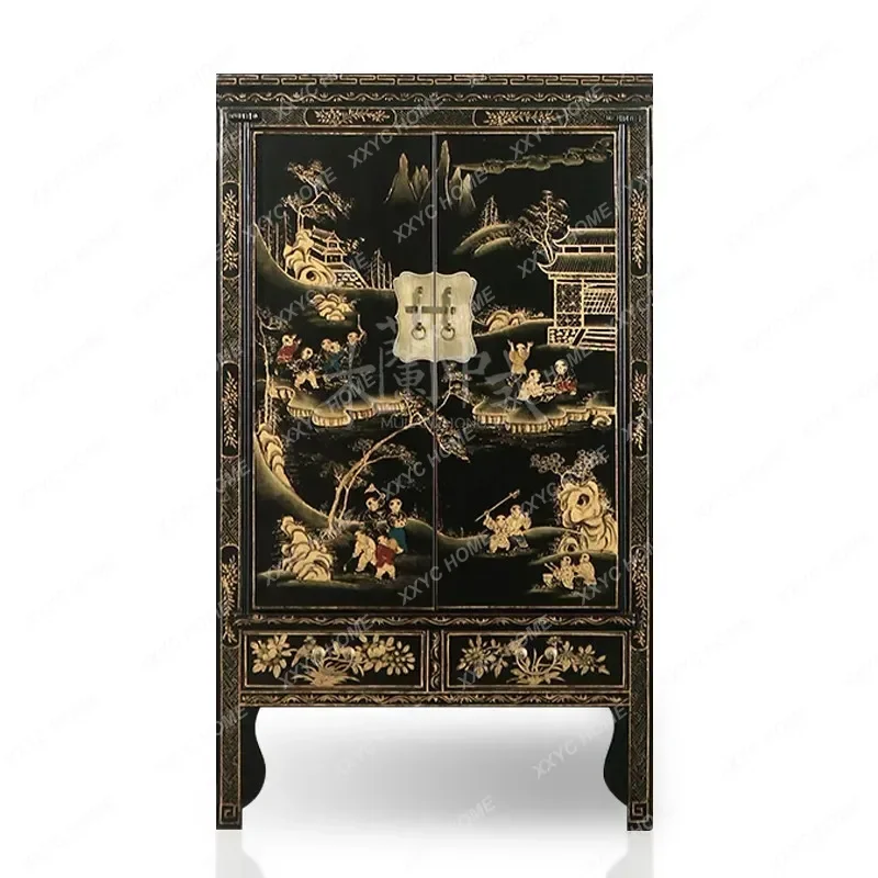 XX New Chinese gold-painted wardrobe painted solid wood bedroom locker