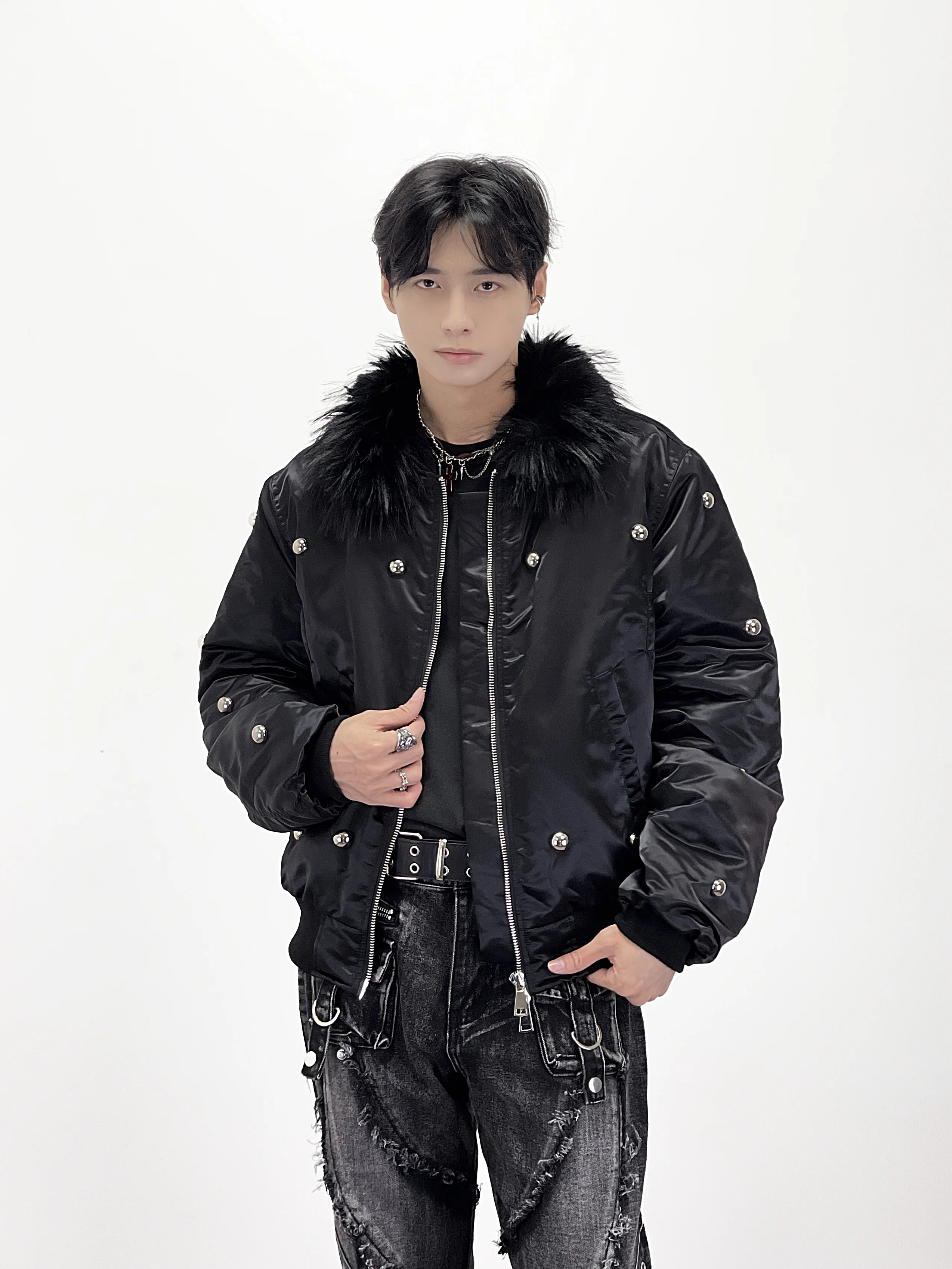 Y2K ثقافة فرعية الموضة الأمريكية العصرية الفراء طوق سترة القطن معطف الظلام الشرير نمط الشتاء سميكة ملابس خارجية دافئة للرجال