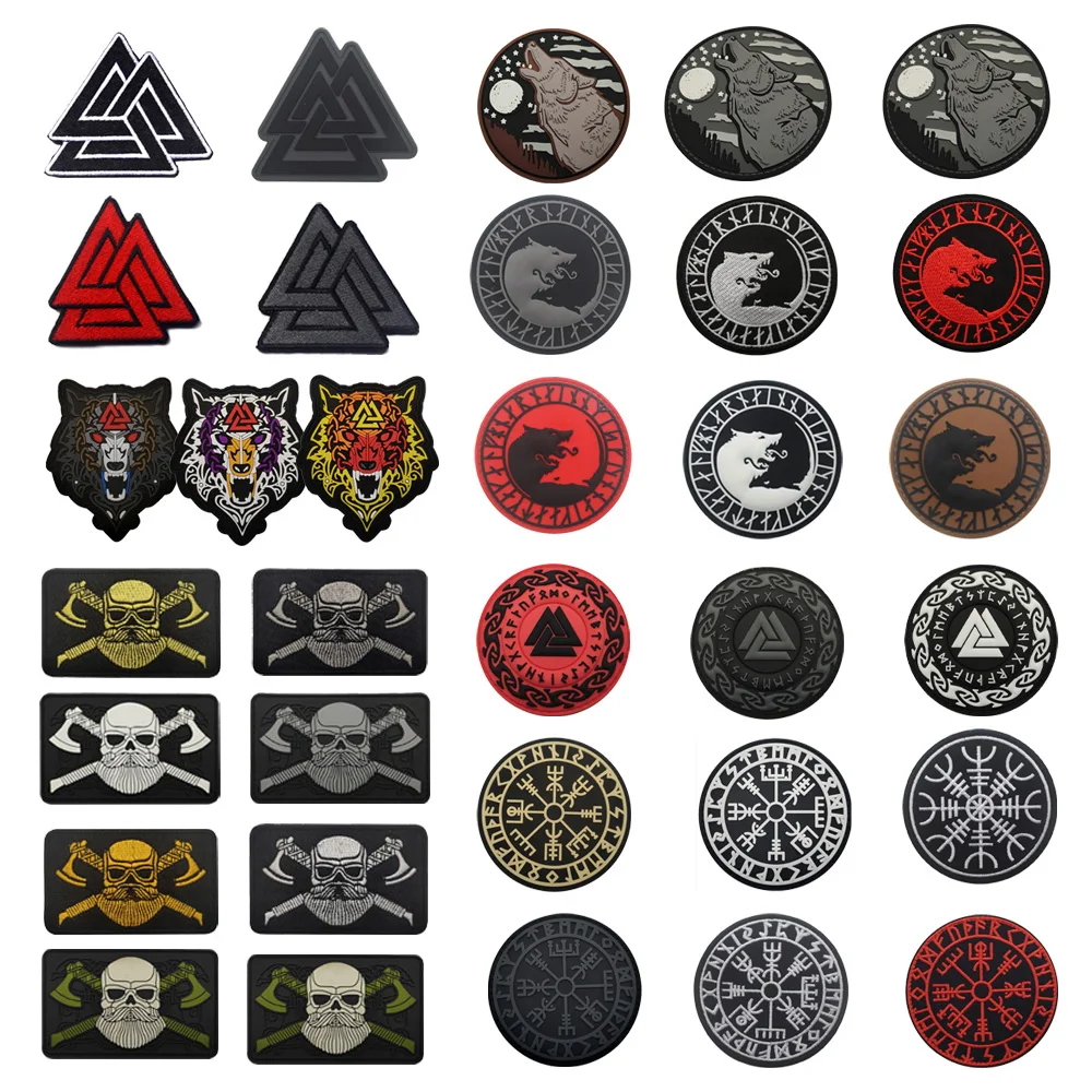 

Outdoor Bag Accessories Viking Wolf Head Lunavin Odin Logo Compass Armbad Wolf Roar Badge Embroidery Tactical Backpack Patch