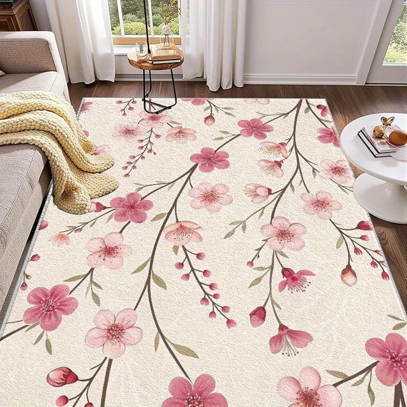 VIKAMA Floral Area Rug Pink Cherry Blossom Branch Spring Flower Print Non‑Slip Washable Living Room Home Floor Mat