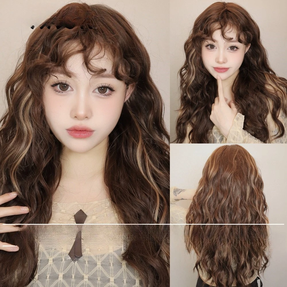 

Japanese and Korean new women's wig, retro highlights, brown wool, small curled bangs, light and lazy wind wig, headgear.