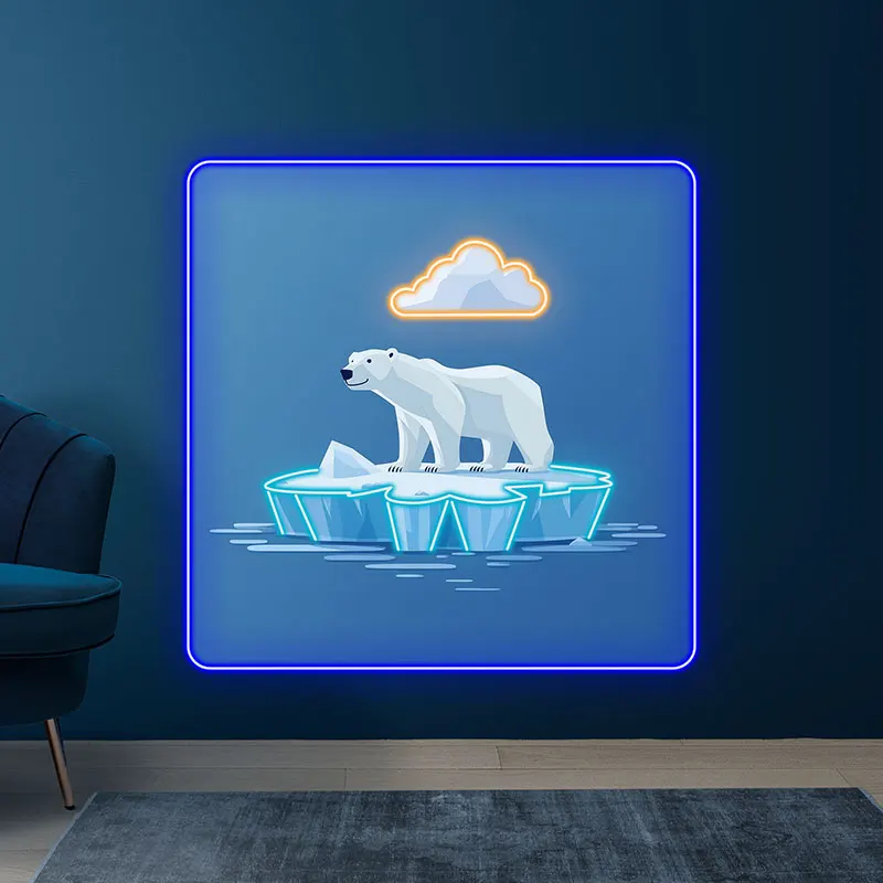 Toysign Cartoon Polar Bear on Iceberg LED Art - Fun Neon Wall Decor for Kids Rooms or Nursery, Playful and Bright Led Design