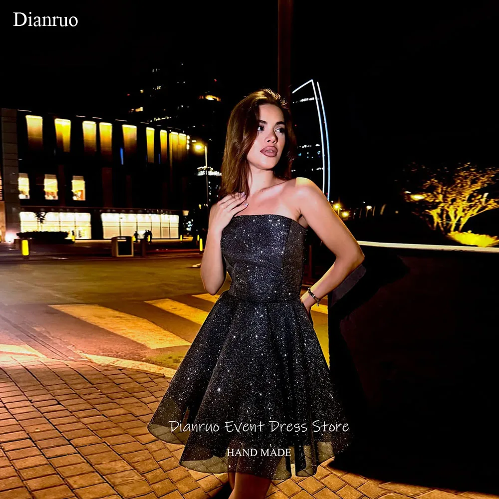 

Dianruo Strapless A Line Prom Dress Sleeveless Lace Up Glitter Tulle Homecoming Dress Pleated Brithday Party Dress Customized