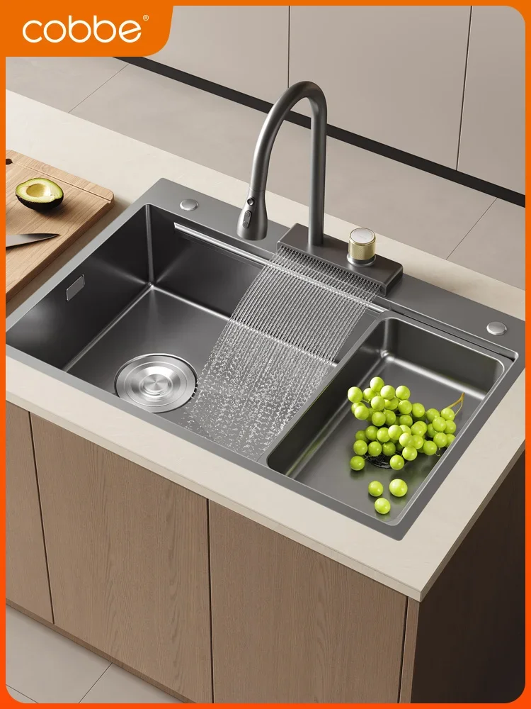 Cabe sink large single groove 304 stainless steel side drainage waterfall vegetable washing basin kitchen dishwashing basin unde