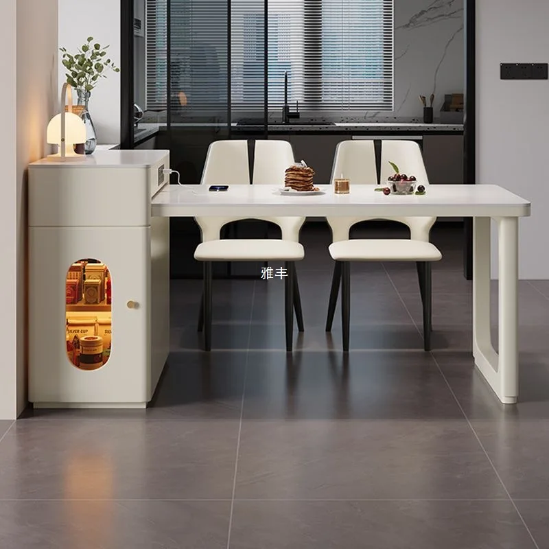 Rock slab island dining table household telescopic rock slab multi-functional living room small apartment solid wood dining tabl