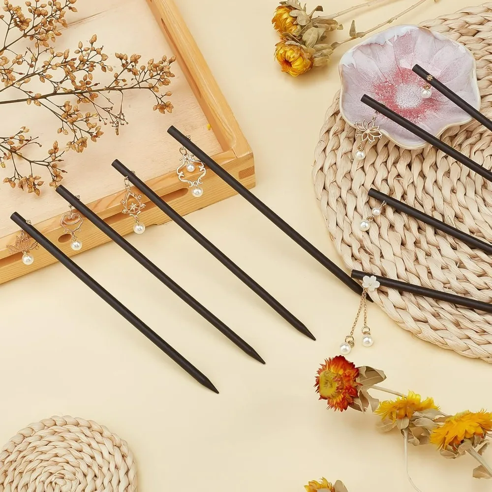 Retro Hair Stick 8 Styles Chinese Wooden Hair Pins Hair Chopsticks with Pearl Beads Simple Long Fork Decorative Bun