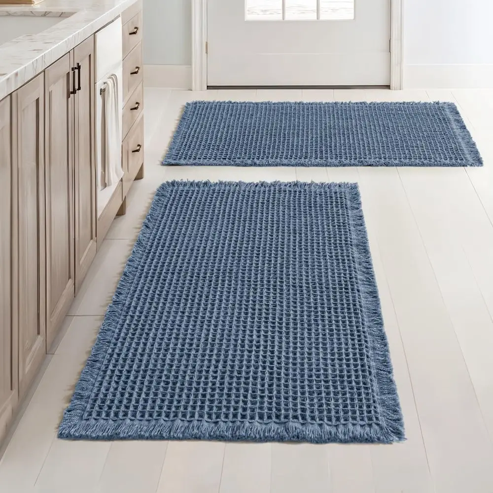 

2-Piece Bohemian Bath Rug Set, Non-Slip, Washable, Absorbent Mats, Rubber Backed for Shower and Bath, Blue, 18x30