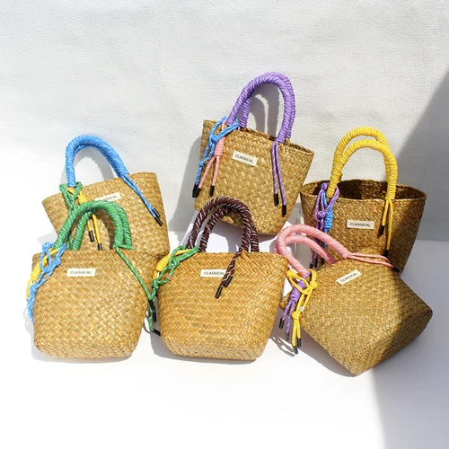 Bolsas de compras tejidas de paja hechas a mano, cuerda de nailon colorida, asa de transporte, bolso de mano, cesta más fresca, bolso de playa de tendencia de verano