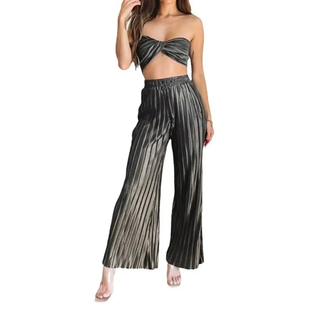 

Mia Muse Select 2025 Summer Sexy Plain Sets Sleeveless Off Shoulder Strapless Full Length Wide Leg High Waist Pants Casual Sets