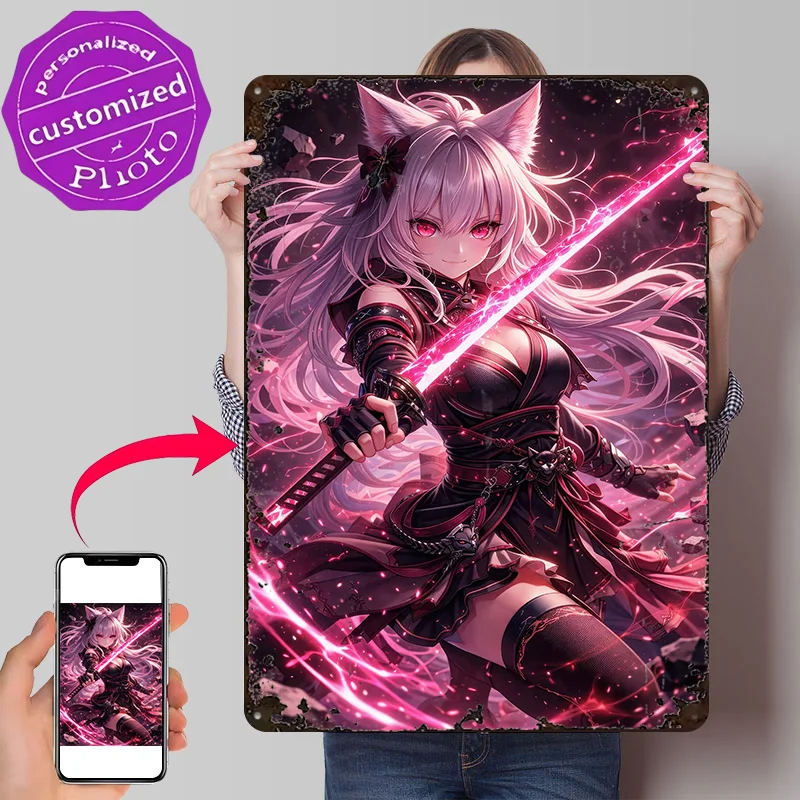 Anime Cat Girl Warrior With Glowing Sword Poster Retro 3D Printed Metal Signs Customized Wall Hanging Gift for Decor Luxury Art