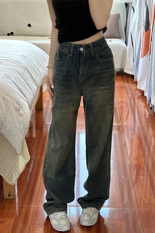 여성용 플레어 진스 스택드 러플 플리츠 드레이프 슬릿 비대칭 디테일 사이드 팔라조 드레이피 플루이드 스타일리시 시크 스트레치