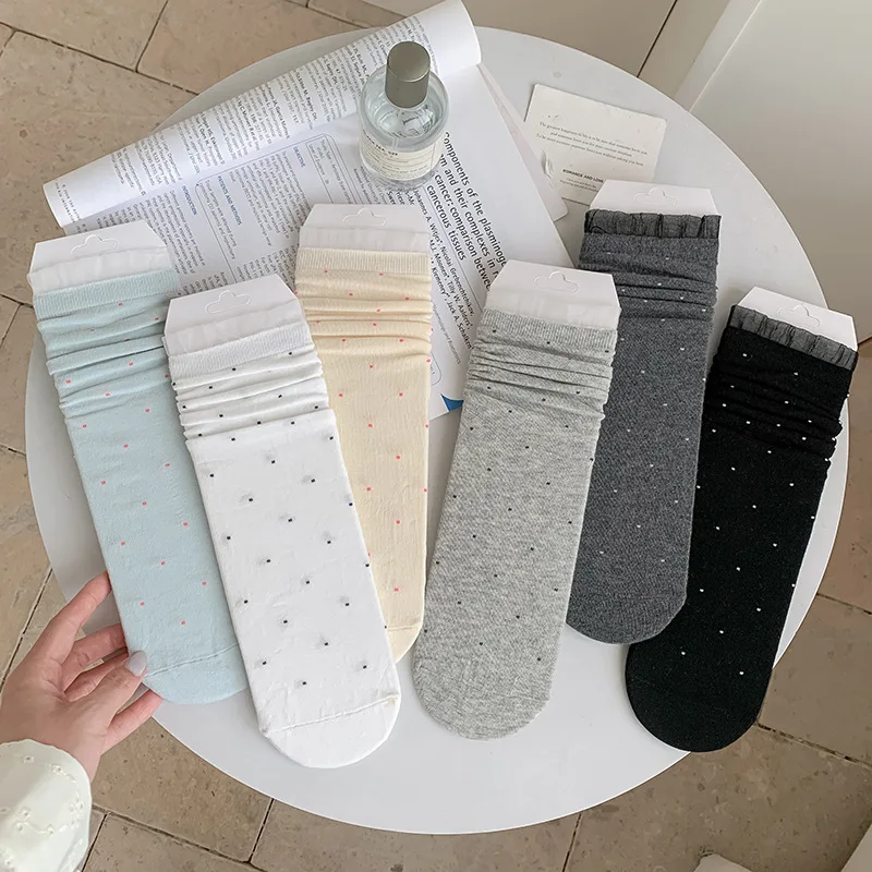

6 pairs of spring and summer thin mesh breathable pure cotton pile socks ballet wave point pure cotton mid tube women's socks