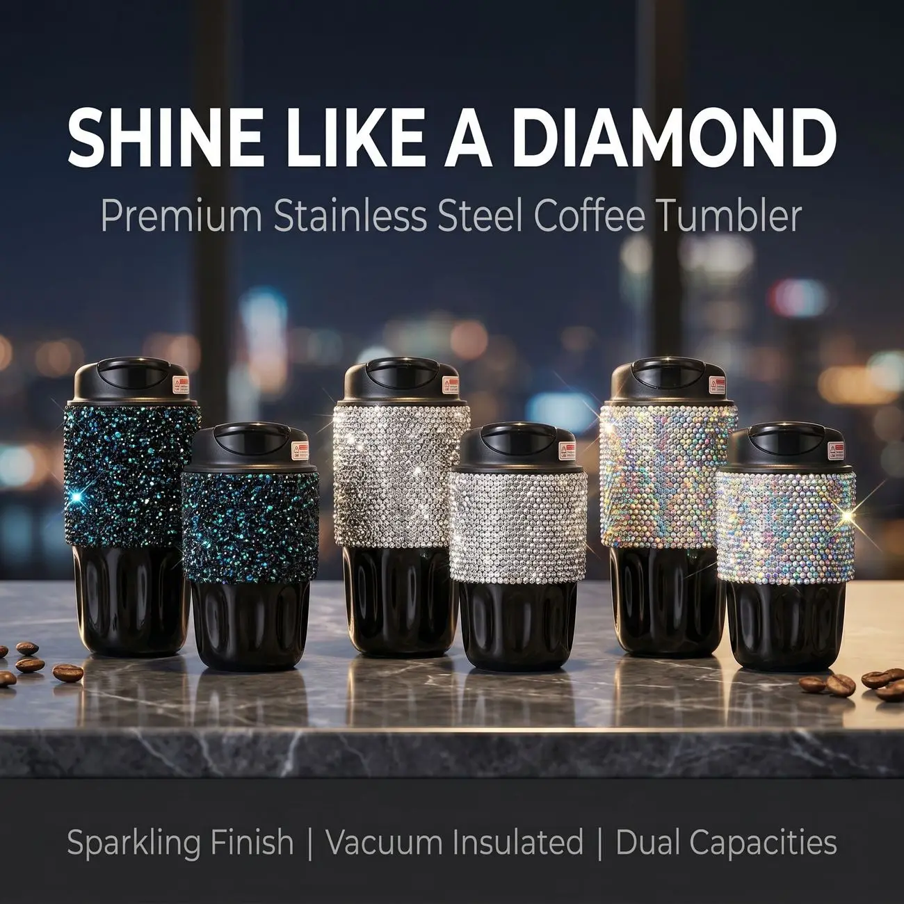 380ml/260ml Bling Diamond Insulated Tumbler Coffee Mug Stainless Steel Vacuum Flask Handheld Direct Drinking Juice Beverage Cup