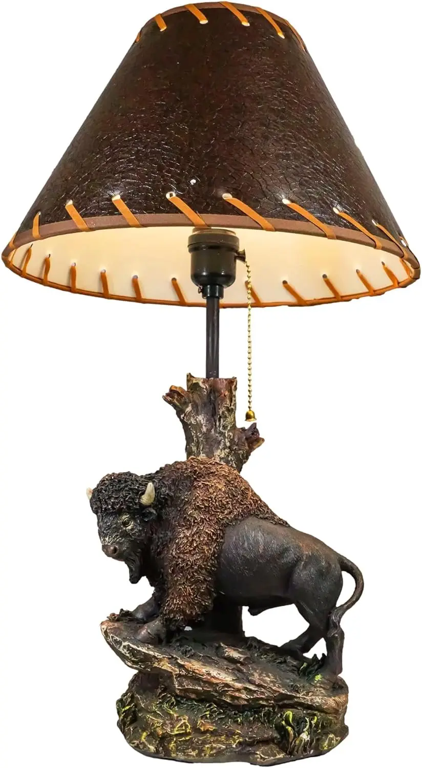 

Country Western Wild Bison Cattle Roaming Grassland Sloped Rocks by Tree Stump Desktop Table Lamp Figurine with Shade Rustic Wi