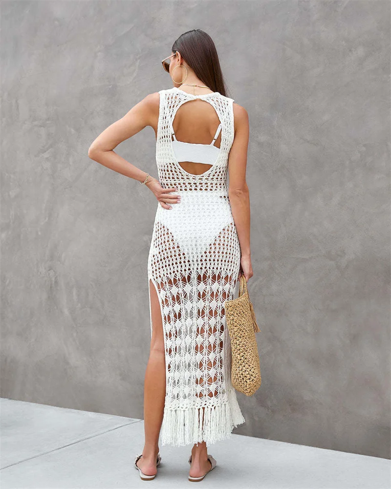 Women's Sexy Sleeveless Backless Long Tassel Knit Dress Beach Crochet Bikini Cover-Up Summer Swimwear Hollow out Tunic
