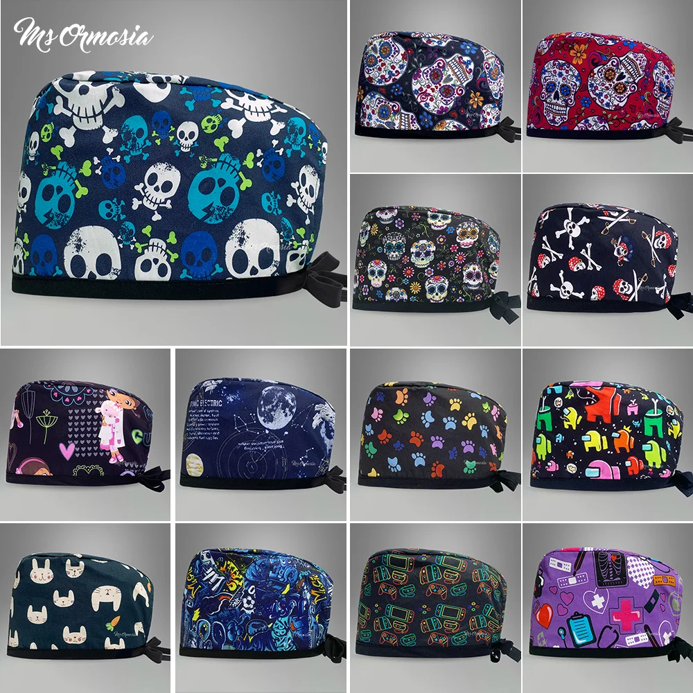 Cartoon Print Medical Hat Pet Grooming Clinic Scrubs Hats Beauty Salon Scrubs Caps Operating Room Working Dentist Beautician Hat