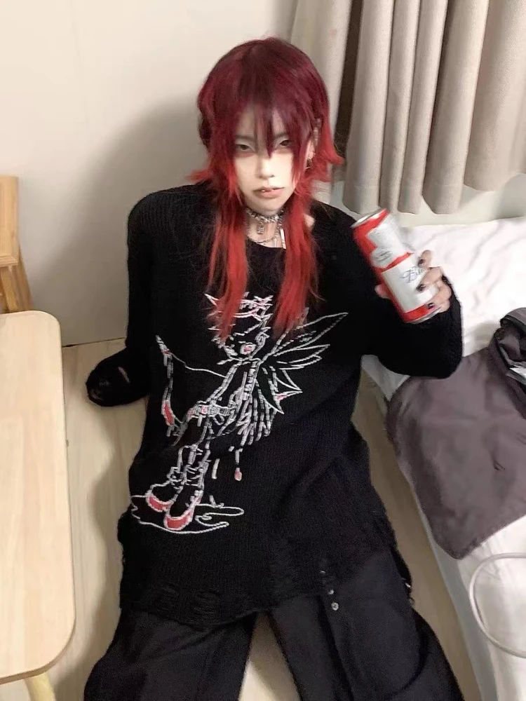 

Dark Punk Hole Jacquard Irregular Sweater Women Autumn Winter Loose Long Sleeve Pullover Harajuku Y2k Gothic Knit Tops