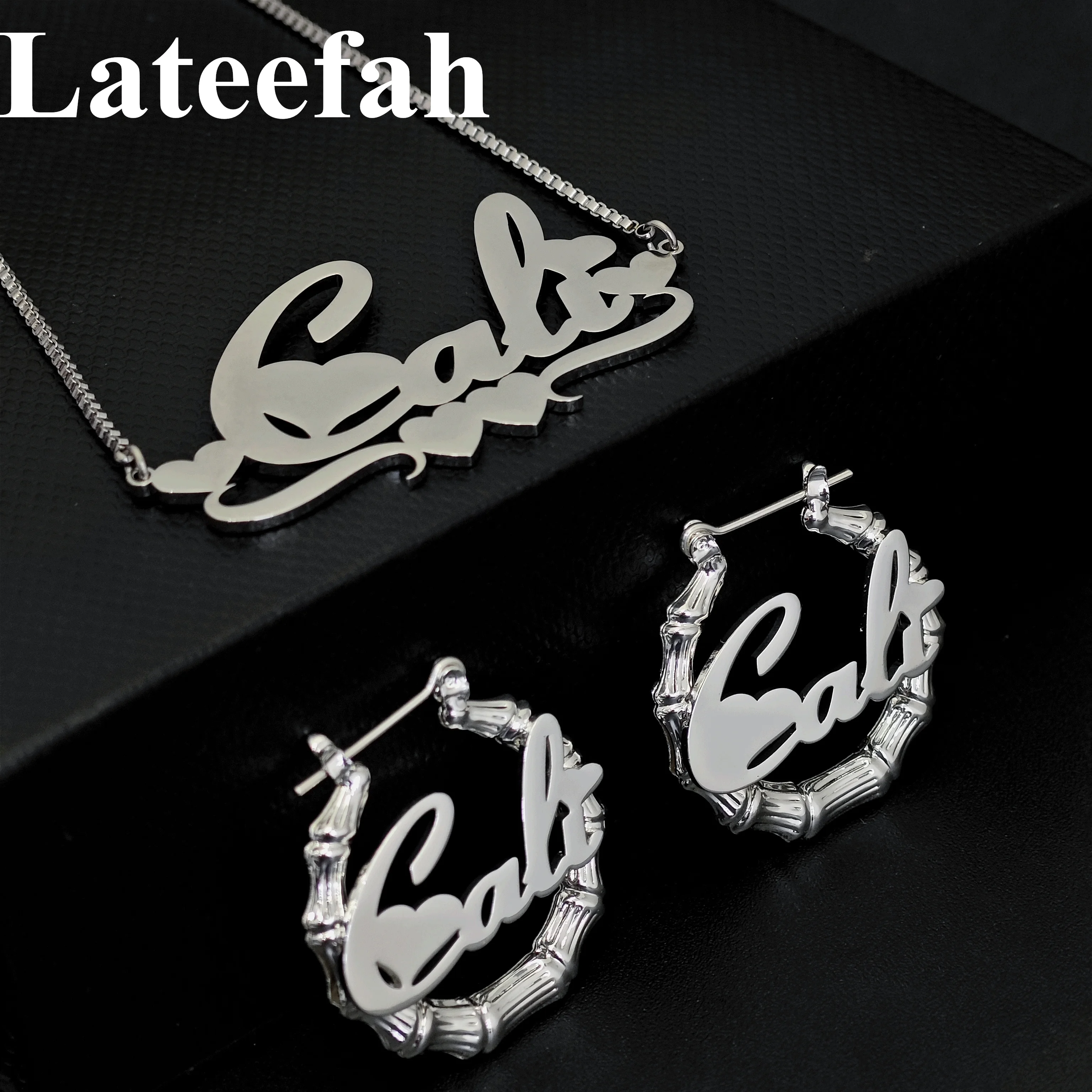 Lateefah Hot Sale Personalized Stainless Steel Bamboo Earring Necklace Set Custom Name Jewelry