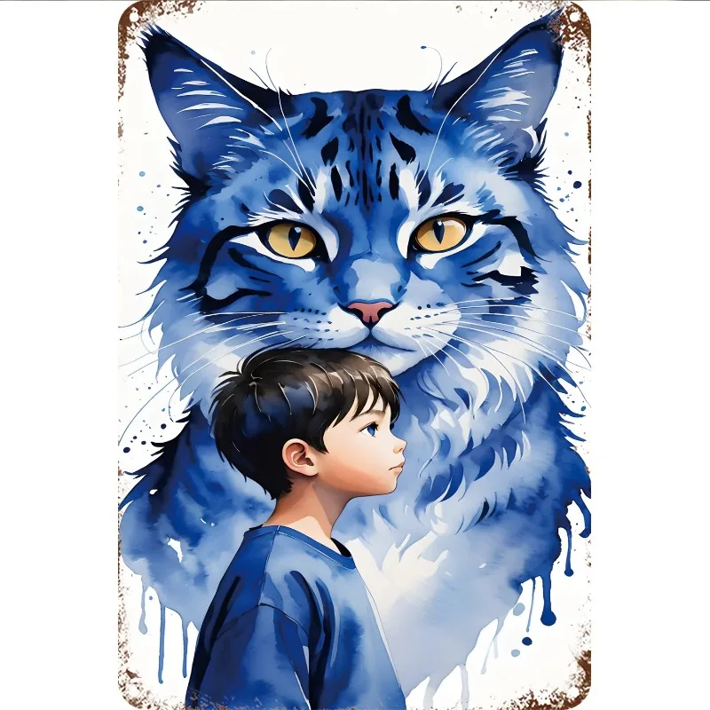 

Aluminum Metal Tin Sign (8x12 Inch), Vintage-Inspired Decorative Plaque with Blue Cat & Boy Design, Wall Hanging Art for Home