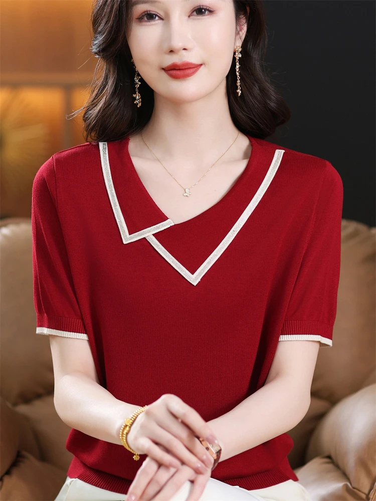 

Модная летняя тонкая трикотажная футболка из ледяного шелка, свободный повседневный топ для мам, с коротким рукавом, воротником, стандартного кроя, базовая модель