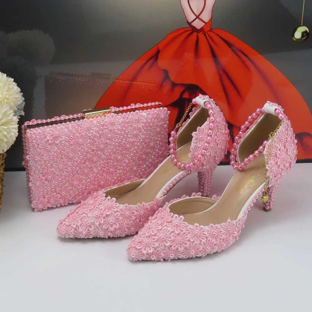 

AB Pink Pearl Flower Fashion Wedding Shoes With Matching Bags High Heels Pointed Toe Ankle Strap Ladies Party shoe and bag set