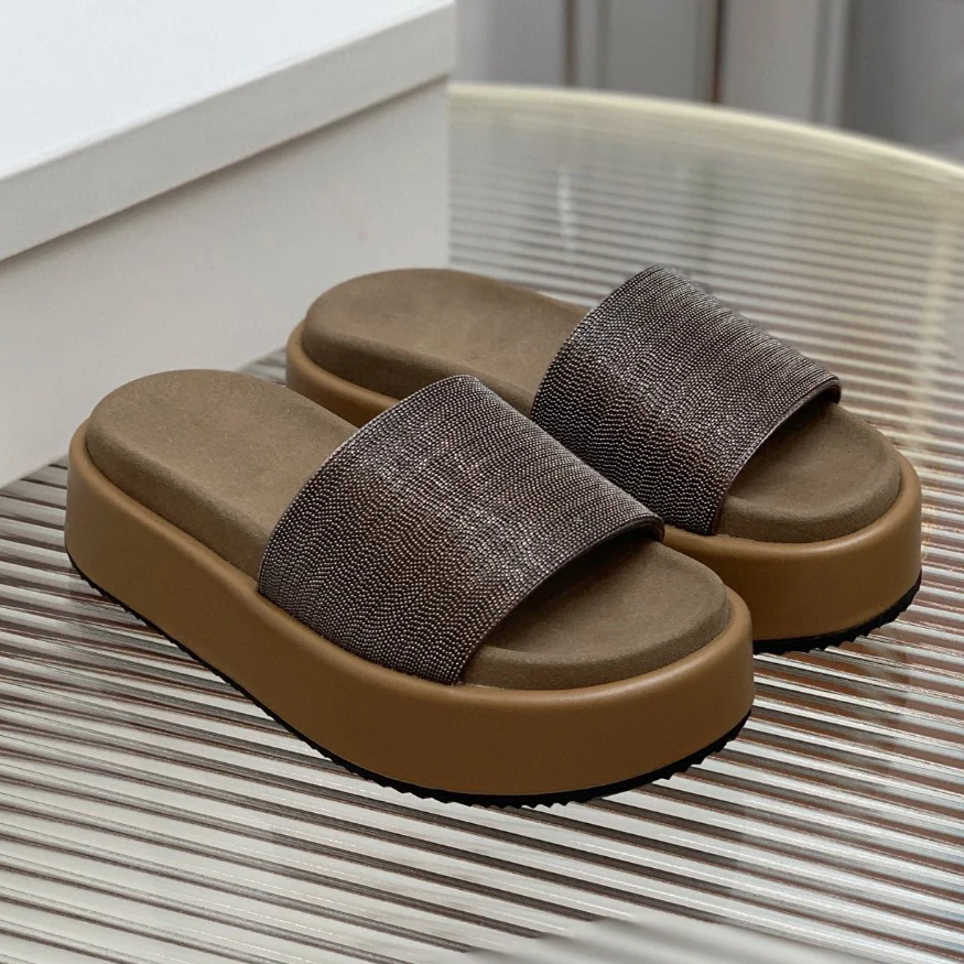 Summer genuine leather platform comfortable slippers