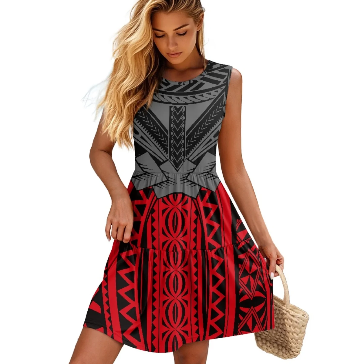 

5XL Polynesian Tribal Tattoo & Plumeria Print Sexy Dress Print on Demand Plus Size Women's Sleeveless Round Neck Spliced ​​Skirt