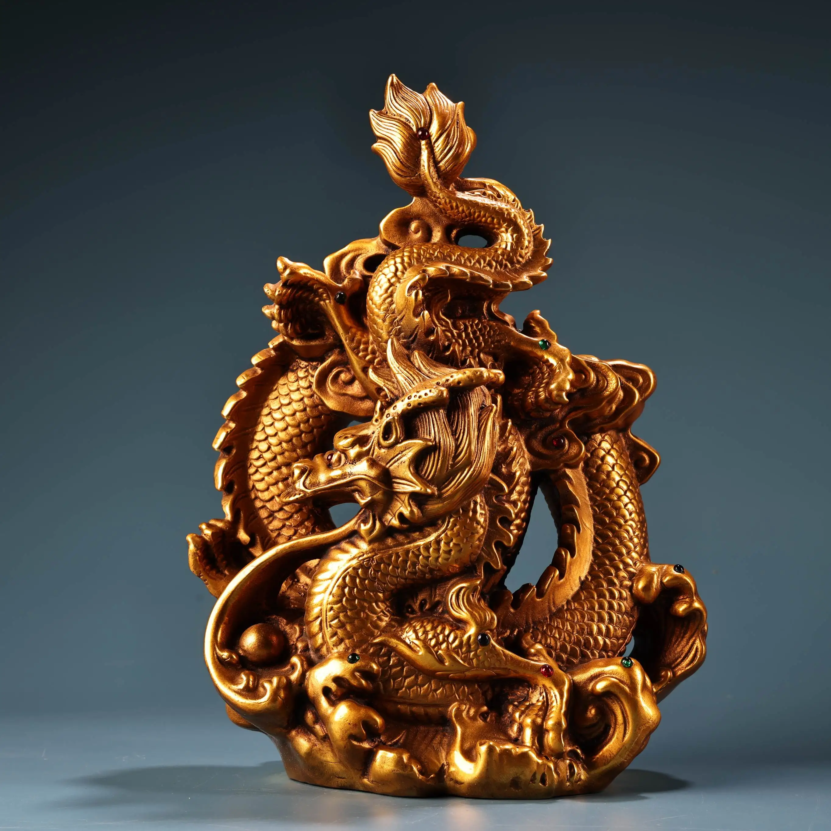 

10"Tibetan Temple Collection Old Bronze Gilded Mosaic Gem High Relief Chinese Loong Statue Dragon Town House Exorcism