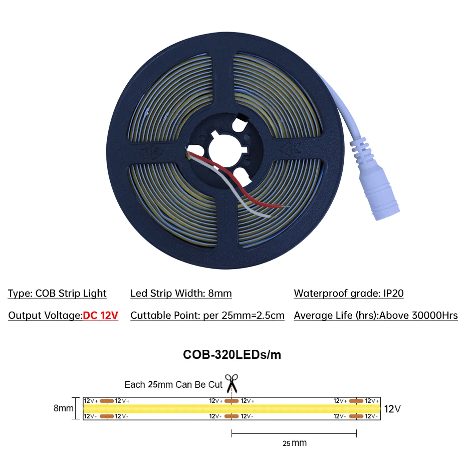 12V COB LED Strip Kit 0.5m-5m 320LEDs/m with Power Supply & Controller for Warm/Neutral/Cold White/Blue/Red Multi-Color Lighting