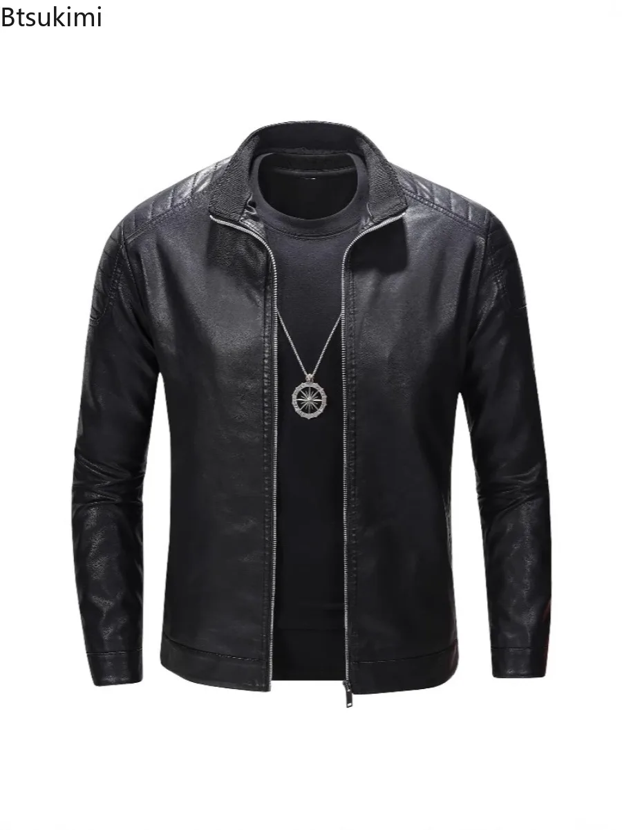 

2025 Men's Standing Collar Motorcycle Leather Jackets Autumn and Winter Slim Fit Korean Version Handsome Coats Men's Clothing