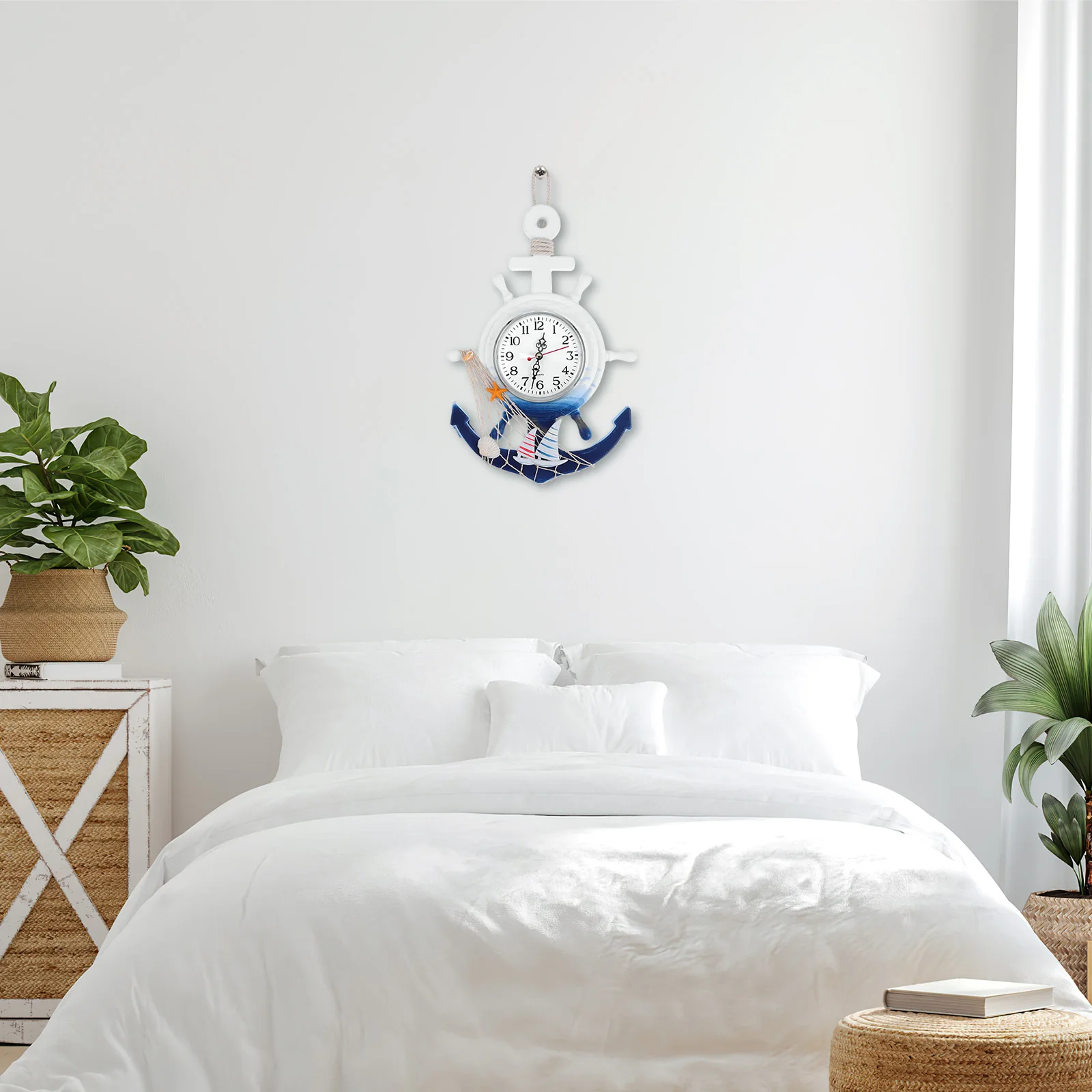 

Boat Anchor Wall Mediterranean Style Sailboat Home Decor Hanging Clock Mirror Surface Star Design Wooden Plastic Bedroom
